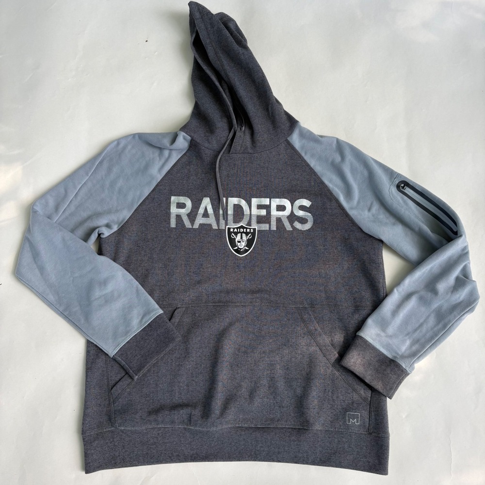 NFL Raiders Mens Gray Blue Colorblock Raglan Hoodie Performance Sweatshirt L